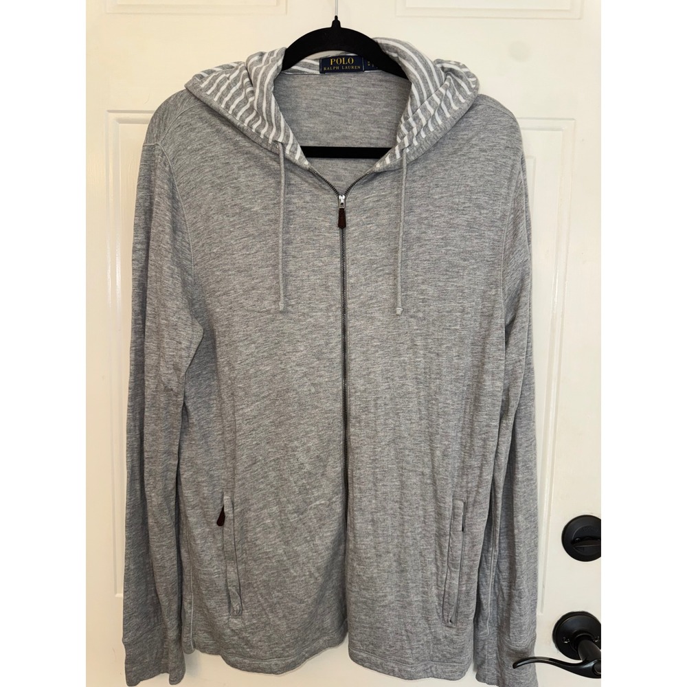 Polo Ralph Lauren Mens Gray Modal Pima Cotton Full Zip Striped Hood Hoodie M